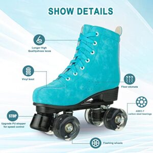 Hurber Women Roller Skates High-Top Double-Row PU Leather Outdooer Roller Skates for Girls (Blue flashing wheel,39 - US:8.5)