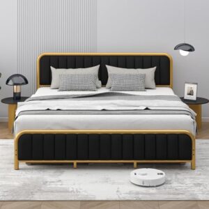 dogibixo gold bed frame king size with led lights, black upholstered bed frame with tufted headboard and footboard, metal slats support, noise-free, no box spring needed