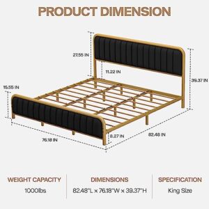 DOGIBIXO Gold Bed Frame King Size with LED Lights, Black Upholstered Bed Frame with Tufted Headboard and Footboard, Metal Slats Support, Noise-Free, No Box Spring Needed