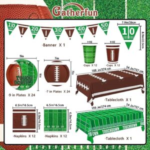 Football Party Supplies Kit Serve 24,Includes Dinner Plates, Dessert Plates, Napkins, Cups,Banner and Touchdown Tablecloth for Football Birthday Party Football Gameday Tailgate Party Decorations