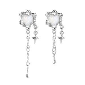 y2k moonstone heart tassel silver star dangle drop earrings for women girls-a