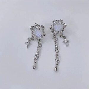 Y2K Moonstone Heart Tassel Silver Star Dangle Drop Earrings For Women Girls-A