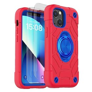 kcj for iphone 13 mini case/iphone 12 mini case 5.4 inch with ring holder, with 2 pack screen protector + 1 pack camera lens protector,heavy-duty military grade protector cover. (red+blue)