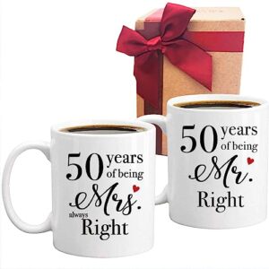suuura-oo 50th anniversary mug set, vintage 50th milestone birthday decorations gift mugs set, mr. right & mrs. always right coffee mugs set gifts for couple mom dad wife husband-46