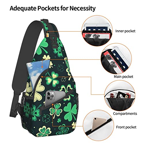 St. Patrick's Day Cute Shamrocks Sling Backpack,Travel Hiking Daypack Clover Crossbody Shoulder Bag