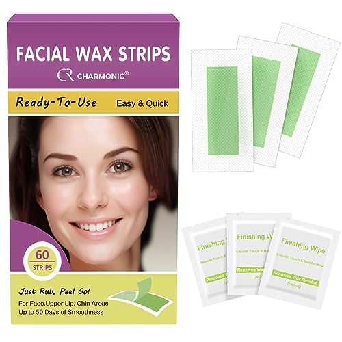 Charmonic Facial Wax Strips-60 Strips, Facial Hair Removal for Women, Hair Remover Waxing Kit for Face Eyebrow Upper Lip Cheek, Waxing Strips for All Skin Types with 60 Face Wax Strips + 6 Wax Wipes