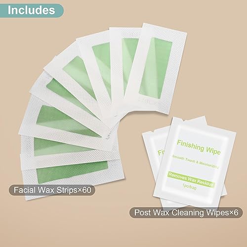 Charmonic Facial Wax Strips-60 Strips, Facial Hair Removal for Women, Hair Remover Waxing Kit for Face Eyebrow Upper Lip Cheek, Waxing Strips for All Skin Types with 60 Face Wax Strips + 6 Wax Wipes