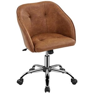 yaheetech faux leather desk chair, makeup vanity chair with adjustable tilt angle, swivel office chair upholstered armchair study chair for bedroom and makeup room retro brown
