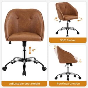 Yaheetech Faux Leather Desk Chair, Makeup Vanity Chair with Adjustable Tilt Angle, Swivel Office Chair Upholstered Armchair Study Chair for Bedroom and Makeup Room Retro Brown