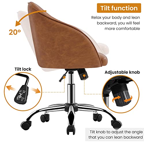 Yaheetech Faux Leather Desk Chair, Makeup Vanity Chair with Adjustable Tilt Angle, Swivel Office Chair Upholstered Armchair Study Chair for Bedroom and Makeup Room Retro Brown