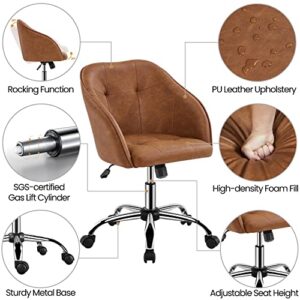 Yaheetech Faux Leather Desk Chair, Makeup Vanity Chair with Adjustable Tilt Angle, Swivel Office Chair Upholstered Armchair Study Chair for Bedroom and Makeup Room Retro Brown