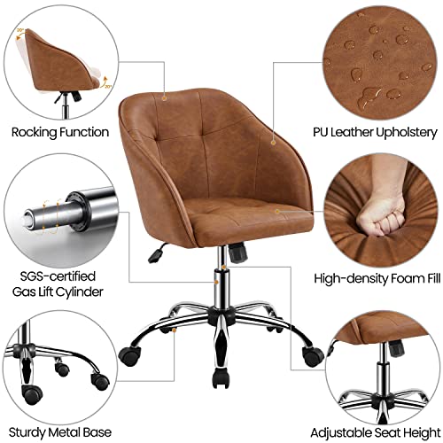 Yaheetech Faux Leather Desk Chair, Makeup Vanity Chair with Adjustable Tilt Angle, Swivel Office Chair Upholstered Armchair Study Chair for Bedroom and Makeup Room Retro Brown
