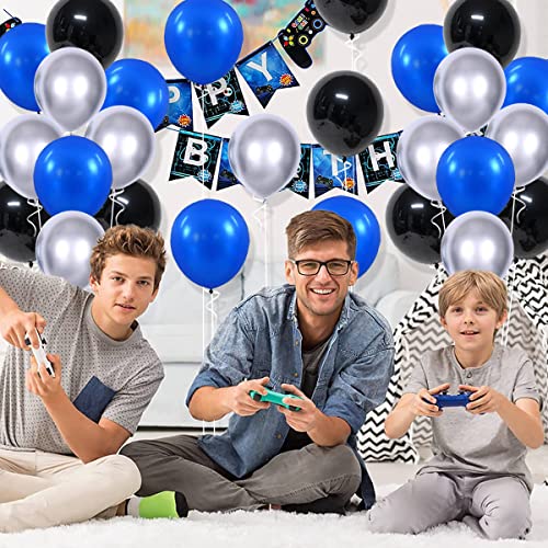 Royal Blue , Metallic Silver, Black Balloons 12" 10" - 118PCS Blue and Black Metallic Silver Balloon Arch Garland Video Gaming Party for Graduation Retirement New Year 30th 40th 50th Birthday Party Decorations for Boy Men