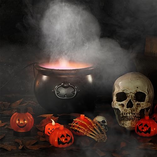 Wettarn Halloween Mist Maker Fogger 8" Witch Cauldron Kettle with Handle 12 LED Lights Fog Machine Atomizer Mini Mister Punch Bowl Plastic Cauldron Pot for Holidays Outdoor Parties Decorations