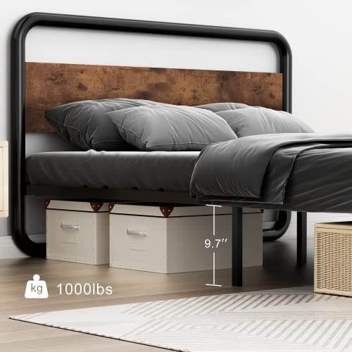 King Size Bed Frame LED Bed Frame with Headboard Heavy Duty King Size Beds Metal Rustic Bed Frame Wood Platform Bed Frame Under Bed Storage Noise Free No Box Spring Needed (Rustic Brown, King)