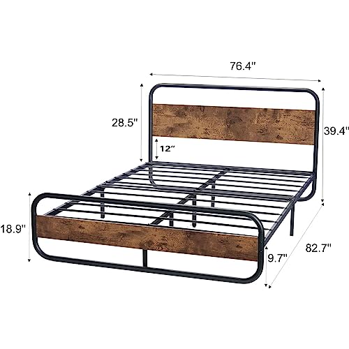 King Size Bed Frame LED Bed Frame with Headboard Heavy Duty King Size Beds Metal Rustic Bed Frame Wood Platform Bed Frame Under Bed Storage Noise Free No Box Spring Needed (Rustic Brown, King)