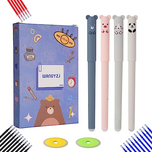 WANGYZJ 0.5mm Erasable Pens, Panda Pens, Cute Erasable Pens, Animal Rollerball Gel Ink Pens, includes 4 pens, 10 black, 10 blue, 5 red pen refills, and 2 erasers., for Kids Office School Supplies