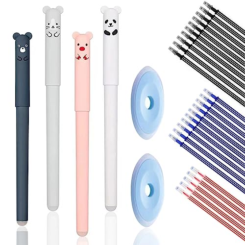 WANGYZJ 0.5mm Erasable Pens, Panda Pens, Cute Erasable Pens, Animal Rollerball Gel Ink Pens, includes 4 pens, 10 black, 10 blue, 5 red pen refills, and 2 erasers., for Kids Office School Supplies