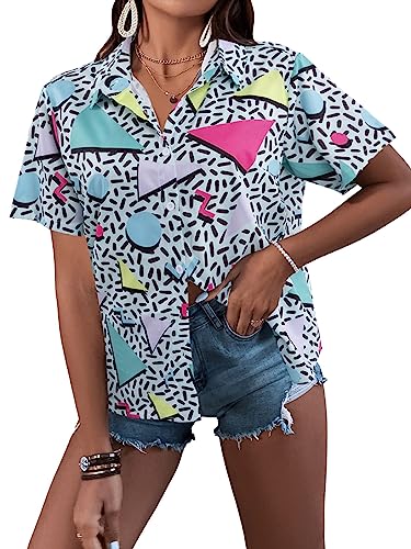 80s 90s Outfit for Women 80s 90s Retro Party Disco Shirt Hawaiian Button Down Shirt Short Sleeve Button Up Blouse Tops Light Green