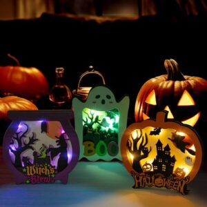 cnhoqc 3pcs halloween lighted wooden shadow boxes, lighted up pumpkin cauldron ghost lamp shadow boxes for halloween table decor ghost night light halloween party supplies for kitchen bedroom