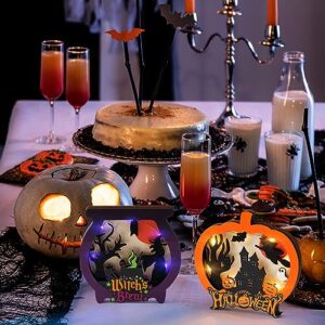 CNhoqc 3pcs Halloween Lighted Wooden Shadow Boxes, Lighted Up Pumpkin Cauldron Ghost Lamp Shadow Boxes for Halloween Table Decor Ghost Night Light Halloween Party Supplies for Kitchen Bedroom