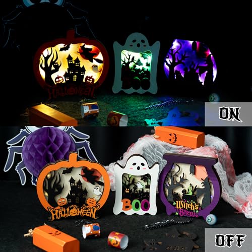 CNhoqc 3pcs Halloween Lighted Wooden Shadow Boxes, Lighted Up Pumpkin Cauldron Ghost Lamp Shadow Boxes for Halloween Table Decor Ghost Night Light Halloween Party Supplies for Kitchen Bedroom