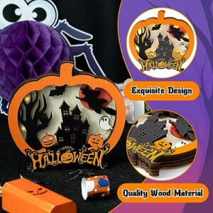 CNhoqc 3pcs Halloween Lighted Wooden Shadow Boxes, Lighted Up Pumpkin Cauldron Ghost Lamp Shadow Boxes for Halloween Table Decor Ghost Night Light Halloween Party Supplies for Kitchen Bedroom