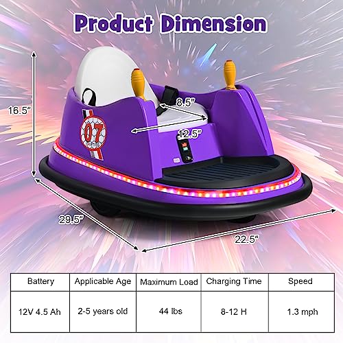 Costzon Bumper Car for Kids, 12V Battery Powered Bumping Car w/Remote Control, Dual Joysticks, 360 Degree Spin, Slow Star, Flashing Lights, Music, Electric Ride on Toy Vehicle for Toddlers (Purple)