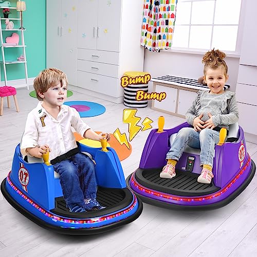 Costzon Bumper Car for Kids, 12V Battery Powered Bumping Car w/Remote Control, Dual Joysticks, 360 Degree Spin, Slow Star, Flashing Lights, Music, Electric Ride on Toy Vehicle for Toddlers (Purple)