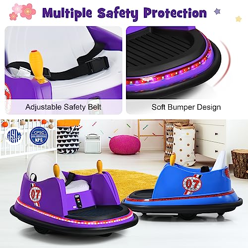 Costzon Bumper Car for Kids, 12V Battery Powered Bumping Car w/Remote Control, Dual Joysticks, 360 Degree Spin, Slow Star, Flashing Lights, Music, Electric Ride on Toy Vehicle for Toddlers (Purple)