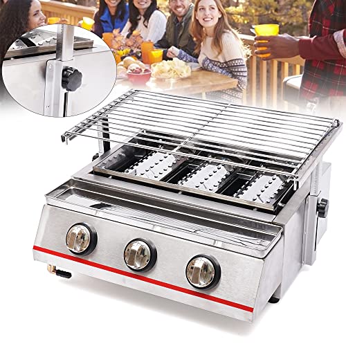 RustyVioum 3-Head Burners Gas BBQ Grill, Commercial Gas Lpg Grill, Portable Propane Gas Grill for Outdoor Bbq, Stainless Steel Barbecue Grill