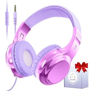 qearfun headphones for girls kids for school, kids wired headphones with microphone & 3.5mm jack, teens noise cancelling headphone with adjustable headband for tablet/smartphones-gradient light purple