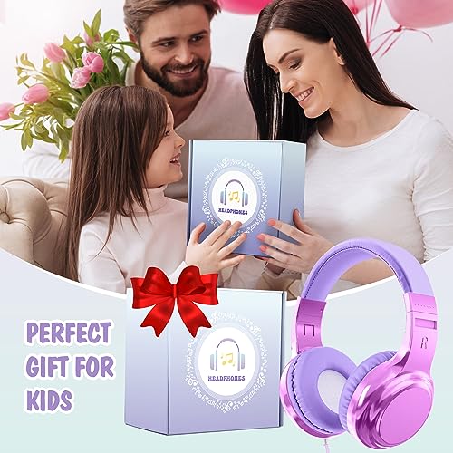 QearFun Headphones for Girls Kids for School, Kids Wired Headphones with Microphone & 3.5mm Jack, Teens Noise Cancelling Headphone with Adjustable Headband for Tablet/Smartphones-Gradient Light purple