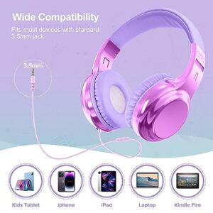 QearFun Headphones for Girls Kids for School, Kids Wired Headphones with Microphone & 3.5mm Jack, Teens Noise Cancelling Headphone with Adjustable Headband for Tablet/Smartphones-Gradient Light purple