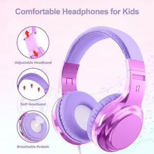 QearFun Headphones for Girls Kids for School, Kids Wired Headphones with Microphone & 3.5mm Jack, Teens Noise Cancelling Headphone with Adjustable Headband for Tablet/Smartphones-Gradient Light purple