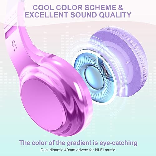 QearFun Headphones for Girls Kids for School, Kids Wired Headphones with Microphone & 3.5mm Jack, Teens Noise Cancelling Headphone with Adjustable Headband for Tablet/Smartphones-Gradient Light purple