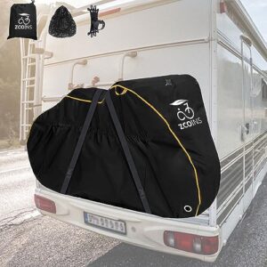 bike cover for transport on rack, 600d oxford heavy duty waterproof bike cover for 2 bikes on rear bike rack, bicycle cover for transportation with lock-holes storage bag