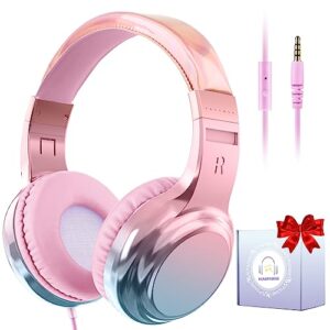 qearfun headphones for girls kids for school,cool kids wired headphones with microphone&3.5mm jack,teens noise cancelling headphone with adjustable headband for tablet/smartphones-gradient pink