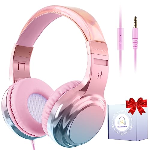 QearFun Headphones for Girls Kids for School,Cool Kids Wired Headphones with Microphone&3.5mm Jack,Teens Noise Cancelling Headphone with Adjustable Headband for Tablet/Smartphones-Gradient Pink