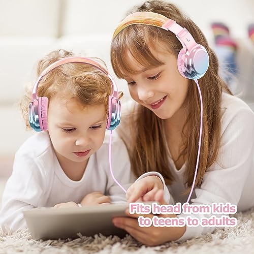 QearFun Headphones for Girls Kids for School,Cool Kids Wired Headphones with Microphone&3.5mm Jack,Teens Noise Cancelling Headphone with Adjustable Headband for Tablet/Smartphones-Gradient Pink