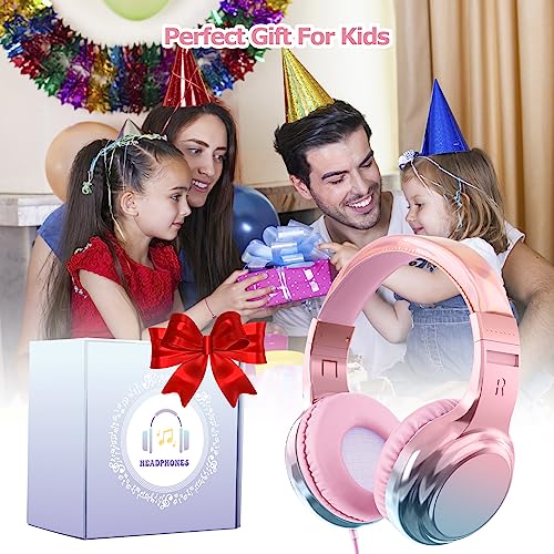 QearFun Headphones for Girls Kids for School,Cool Kids Wired Headphones with Microphone&3.5mm Jack,Teens Noise Cancelling Headphone with Adjustable Headband for Tablet/Smartphones-Gradient Pink