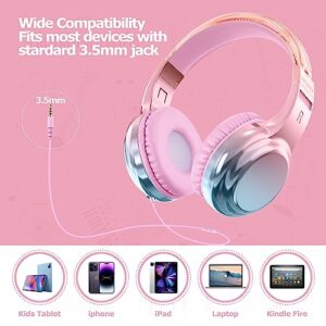 QearFun Headphones for Girls Kids for School,Cool Kids Wired Headphones with Microphone&3.5mm Jack,Teens Noise Cancelling Headphone with Adjustable Headband for Tablet/Smartphones-Gradient Pink