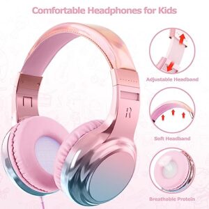 QearFun Headphones for Girls Kids for School,Cool Kids Wired Headphones with Microphone&3.5mm Jack,Teens Noise Cancelling Headphone with Adjustable Headband for Tablet/Smartphones-Gradient Pink