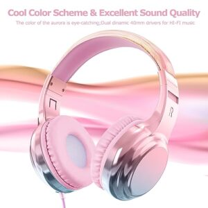 QearFun Headphones for Girls Kids for School,Cool Kids Wired Headphones with Microphone&3.5mm Jack,Teens Noise Cancelling Headphone with Adjustable Headband for Tablet/Smartphones-Gradient Pink