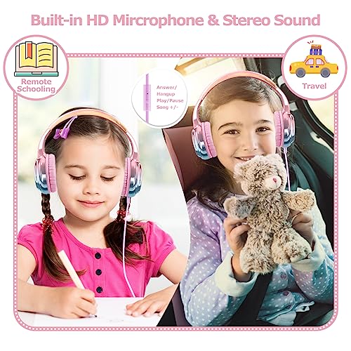 QearFun Headphones for Girls Kids for School,Cool Kids Wired Headphones with Microphone&3.5mm Jack,Teens Noise Cancelling Headphone with Adjustable Headband for Tablet/Smartphones-Gradient Pink