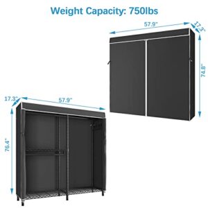 VIPEK V4C Double Clothing Rack with Cover Protable Closet for Hanging Clothes, Heavy Duty Garment Rack Metal Wardrobe Storage System with Adjustable Shelves & 2 Side Hooks, Black Rack with Black Cover