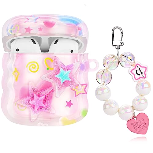 Cute AirPods Case with Love Pendant Colorful Round Bead Keychain, Glitter 3D Stars Design Soft Protective Cover Compatiable with AirPods 2nd & 1st Generation Case