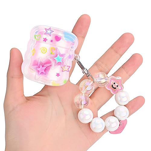 Cute AirPods Case with Love Pendant Colorful Round Bead Keychain, Glitter 3D Stars Design Soft Protective Cover Compatiable with AirPods 2nd & 1st Generation Case