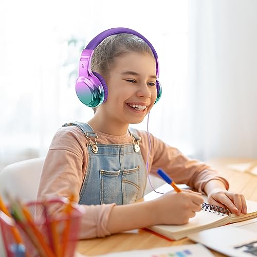 QearFun Headphones for Girls Kids for School, Kids Wired Headphones with Microphone & 3.5mm Jack, Teens Noise Cancelling Headphone with Adjustable Headband for Tablet/Smartphones-Gradient Deep Purple