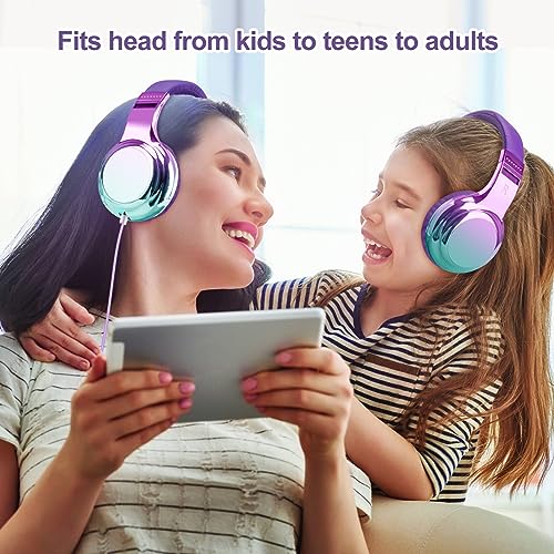 QearFun Headphones for Girls Kids for School, Kids Wired Headphones with Microphone & 3.5mm Jack, Teens Noise Cancelling Headphone with Adjustable Headband for Tablet/Smartphones-Gradient Deep Purple